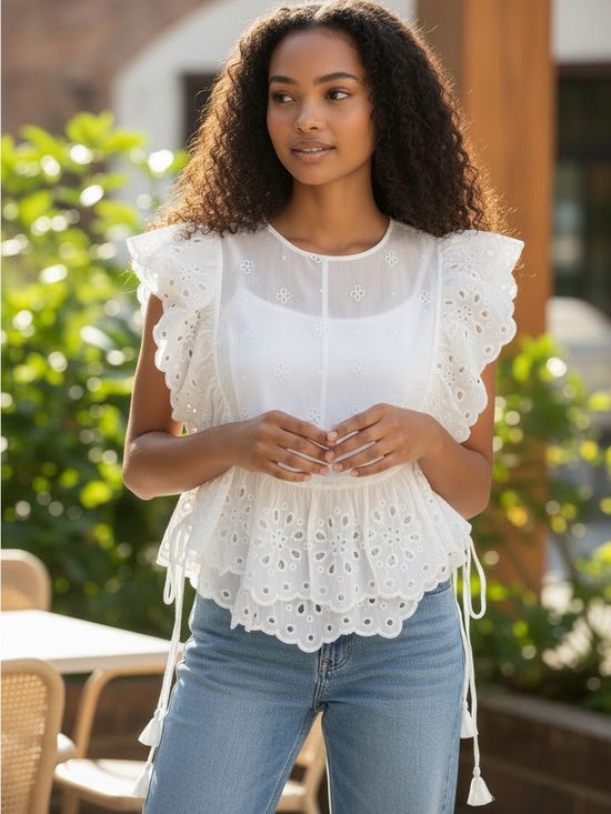 Unsubscribed Tops - Women’s White Eyelet Ruffle Peplum Blouse
